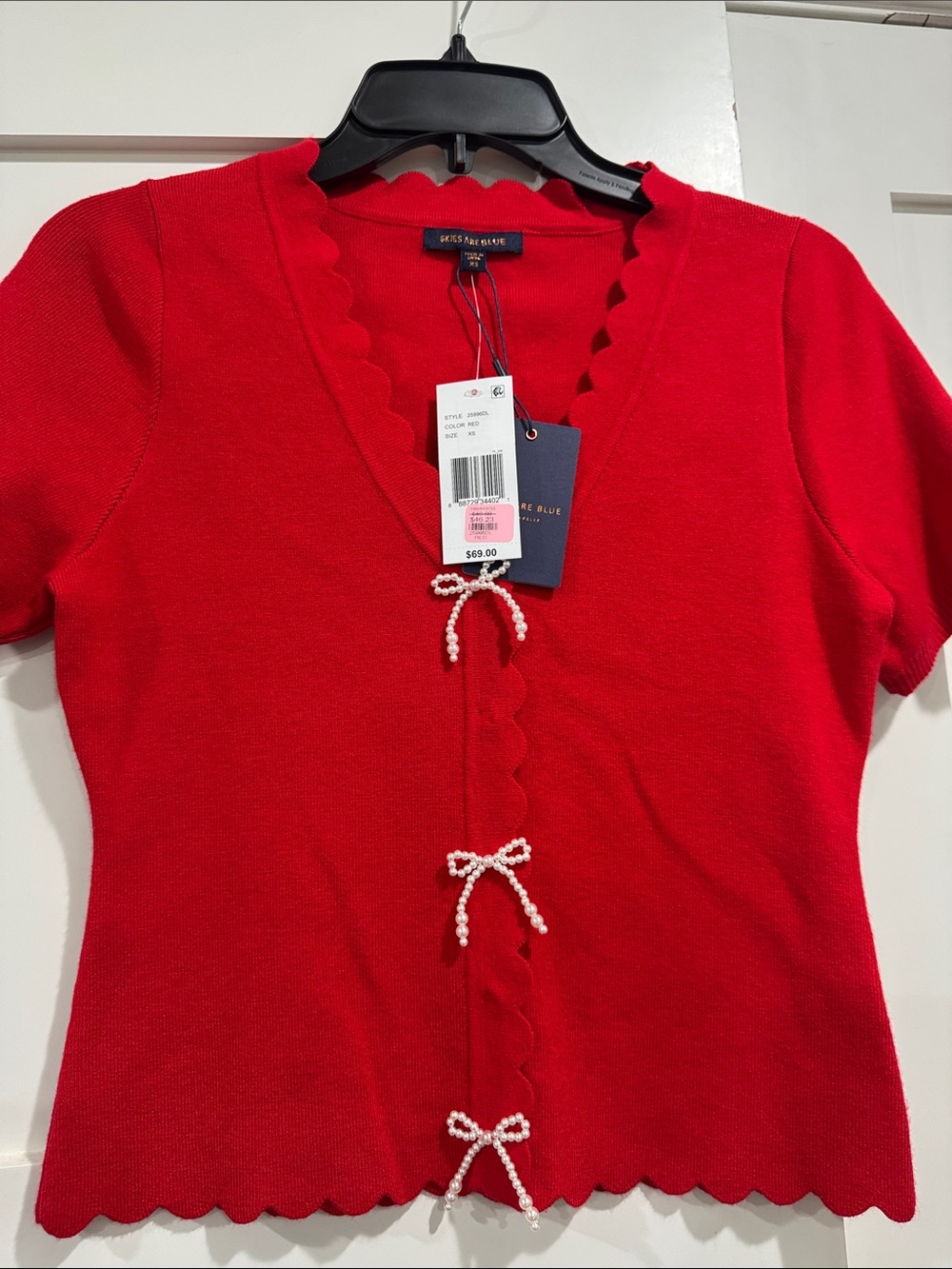 Skies Are Blue Red Scallop-Edge Knit Top with Pearl Bow Details